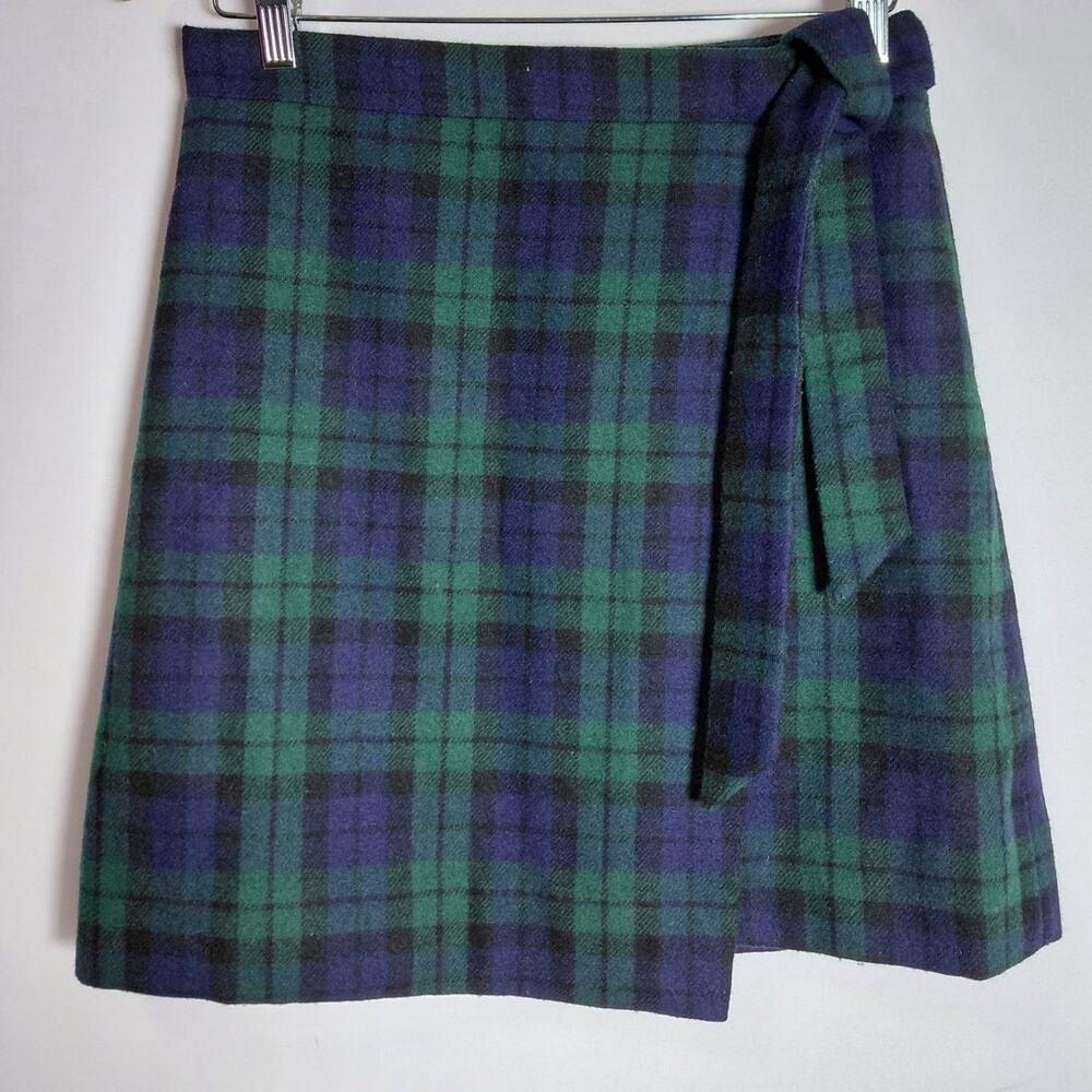 J.CREW Plaid Wool Blend Skirt Green Blue Lined Women Size 0